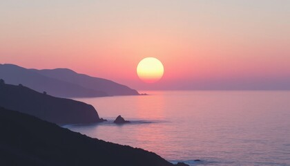 Dramatic coastal sunset with golden sunrise over ocean and mountain silhouette at dusk