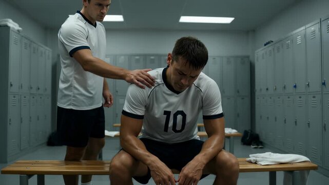 A disappointed soccer player sitting in a locker room after a loss receives comfort and support from his teammate who places a hand on his shoulder in a show of sportsmanship.