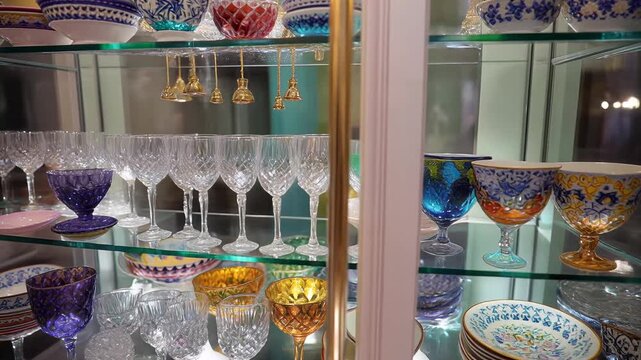 Elegant dinnerware and glassware, colorful plates and goblets on display in a glass cabinet, symbolizing luxury and fine dining
