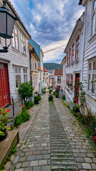 Historic Wooden Houses Cobblestone Street Bergen Norway Old Town
