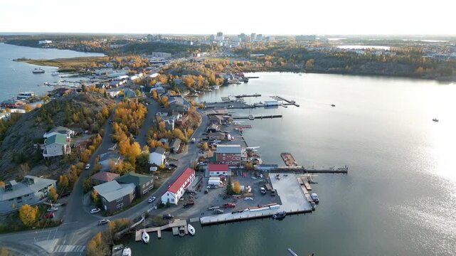 Aerial view of Yellowknife Bay and Old Town in Autumn. Yellowknife, Great Slave Lake, Northwest Territories, Canada.