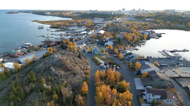 Aerial view of Yellowknife Bay and Old Town in Autumn. Yellowknife, Great Slave Lake, Northwest Territories, Canada.