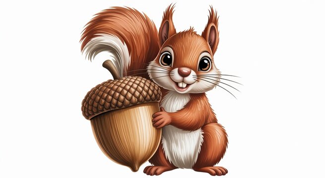 Cute cartoon squirrel holding large acorn isolated on a transparent background