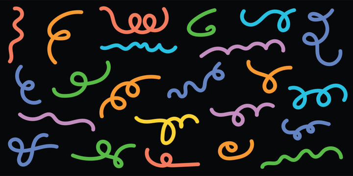 Colorful neon doodle squiggle set. Abstract wavy line and loop stickers for dark mode social media and digital planners. Vector Memphis elements on black background.
