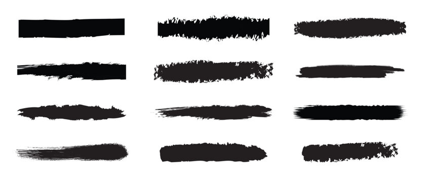 Black grunge brush stroke banner set. Redacted text censorship bars and rough ink line dividers. Vector texture label collection.
