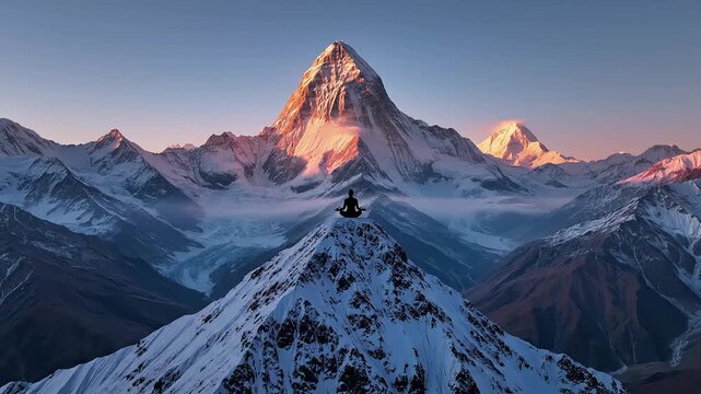 Silhouette of Meditator in Lotus Position on Snowy Himalayan Mountain Peak at Sunrise Wide Cinematic Shot of Yoga Practitioner in Serene High Altitude Landscape