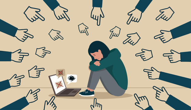 Cyber bullying, internet abuse or online troll, social media problem hater comments concept, depressed teenager girl sitting alone with computer laptop mouse hand cursors pointing on her.