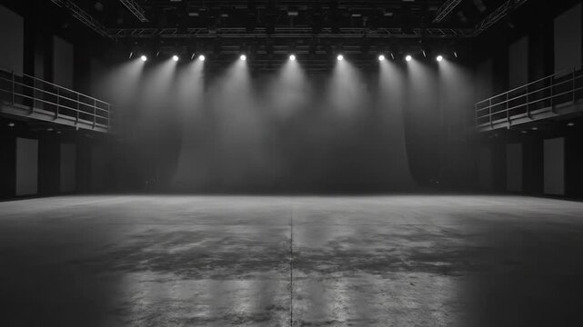 An evocative black and white image of an empty stage bathed in spotlights, creating a mood of anticipation and potential - ideal for promotional conte