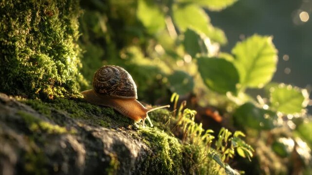 A snail with a spiral shell glides over a mossy surface with blurred leaves in the background
