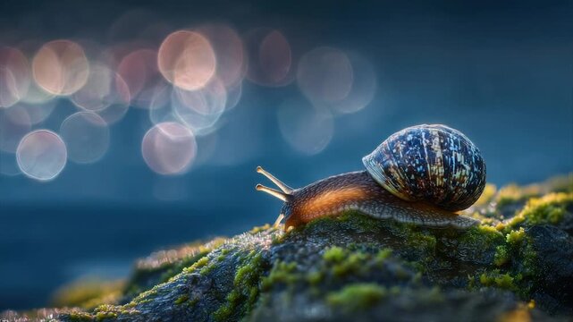 A detailed image of a snail with a patterned shell on moss-covered rock with blurred bokeh