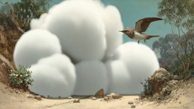 A bird soars over a landscape with cotton-like clouds, reminiscent of a classic painting