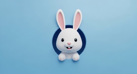 Obraz premium A cute white cartoon rabbit peeking out of a circular hole on a soft light blue background surface