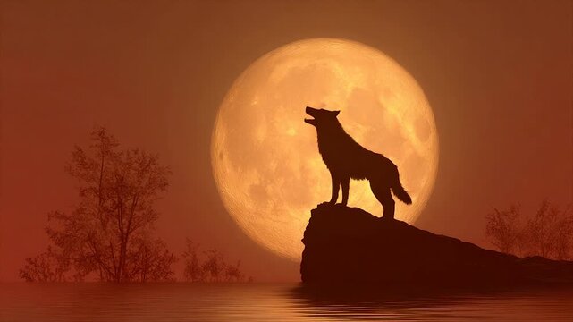 A silhouette of a wolf howling at a large, orange moon over water with silhouetted trees