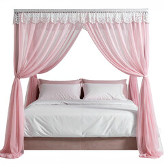 UntitleLuxury pink canopy bed with soft curtains isolated on white background, elegant bedroom furnitured 