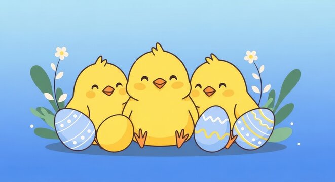 Three cute yellow chicks celebrating easter with colorful painted eggs and spring flowers backdrop