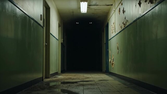 A haunting image of a derelict hospital hallway, creating a sense of mystery and foreboding. Perfect for psychological thrillers, horror marketing, or