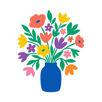 Flowers in vases. Vector style flower bouquets. Naive design. Spring, summer botanical art.