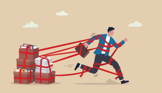 Business difficulty or struggle with career obstacle, limitation and trap or challenge overcome to success concept, businessman tied up with red tape trying to run away with full effort