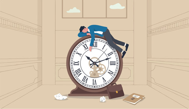 Wasted procrastination slow life, lazy to work,to low productivity orcentral bank efficiency, self discipline problem, tired or no motivation concept, lazy businessman sleeping on the time running