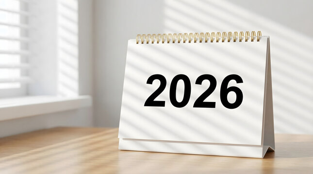 White desk calendar showing 2026 on a wooden table with striped shadows from window blinds highlighting a bright and organized future