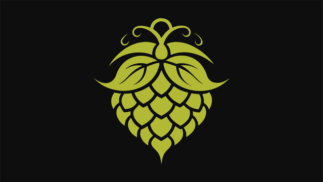A centered olive green hop cone design with large curved upper leaves and delicate swirling tendrils positioned on a solid black background.