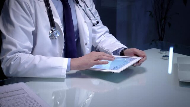 Medical doctor analyzing digital health records on a tablet computer, ensuring patient data management and secure care information in a modern clinic setting