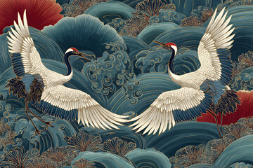 Fototapeta premium Cranes dance on waves with colorful background in traditional art style showcasing nature's beauty and harmony
