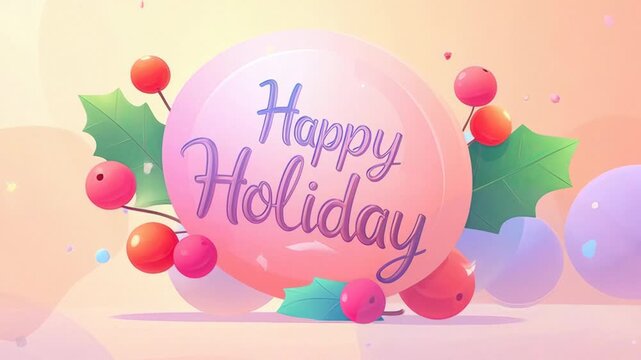 3D animated Happy Holiday greeting with pastel pink spheres, green holly leaves, and red berries on a soft colorful background.