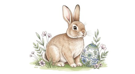 Obraz premium A cute brown and white rabbit sitting beside a decorative floral easter egg in a garden setting