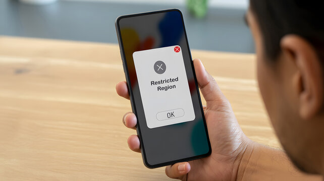 Close-up of a person holding a modern black smartphone displaying a white pop-up notification with a red 'X' icon and the text "Restricted Region" and an "OK" button