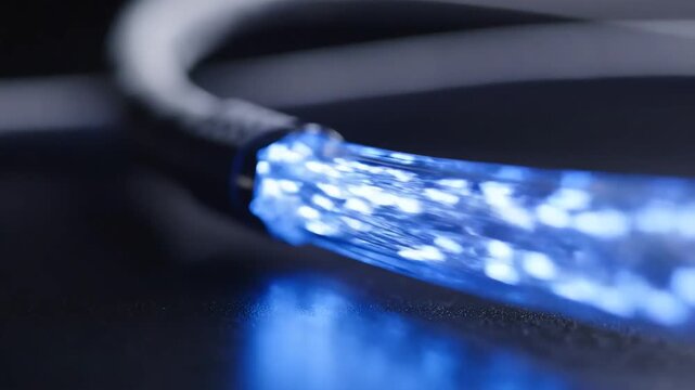 Close up of glowing fiber optic cables transmitting data with blue light.