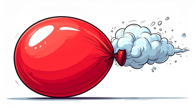 Red balloon deflating and flying fast with air coming out of the valve as a cartoon illustration on a clean white background for design