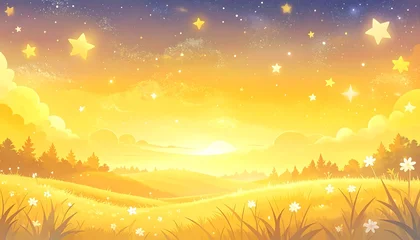 Handdoek met foto Geel A luminous, illustrated meadow glows under a starry, sunset sky  © ha