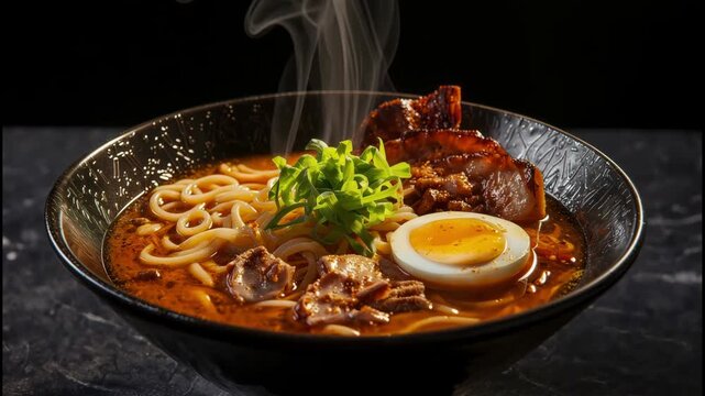 Steaming spicy ramen noodle bowl with savory broth, sliced pork, soft egg and scallion garnish