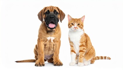 Obraz premium Portrait of a large brown puppy and a ginger tabby cat sitting side by side on a clean white background looking at camera in a studio