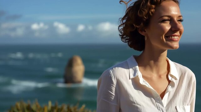 Young woman smiling on coastal cliff with white shirt, ocean waves, sunlight and rock stacks