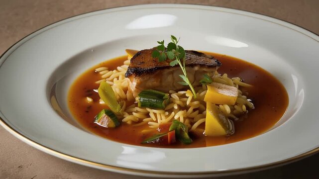 Pan seared fish on orzo with vegetable broth, herb garnish and elegant plated presentation