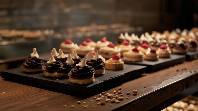 Raspberry tartlet dessert pastry with cream and chocolate swirls in bakery display