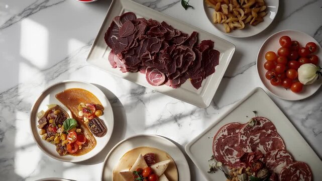 Charcuterie arrangement plate spread with sliced cured meat, cheese wedges triangles, tomatoes