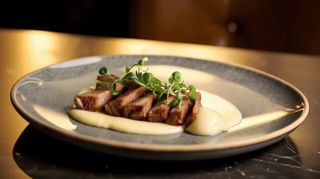 Seared beef slices over creamy potato puree garnished with microgreen for elegant plating