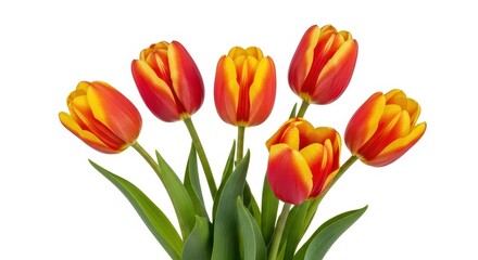 Fototapeta premium A vibrant bouquet of six red and yellow tulips isolated against a clean white background studio