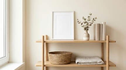 Wooden shelf with home decor.