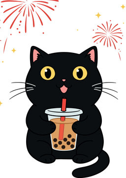Cute Black Cat Holding Bubble Tea With Fireworks