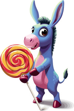 Cute Blue Donkey Holding Big Swirl Lollipop Sweet Candy Vector Illustration