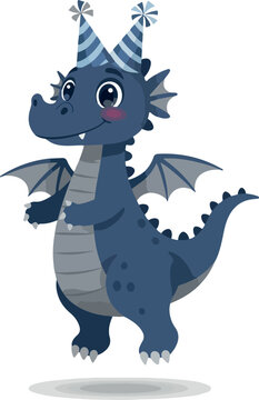 Cute Blue Dragon Wearing Party Hat Vector Illustration White Background