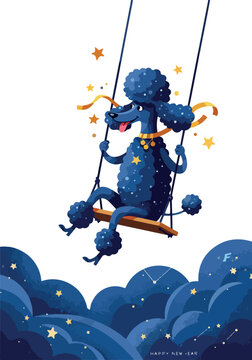 Cute Blue Poodle on Swing Under Starry Night Sky Minimalist Illustration