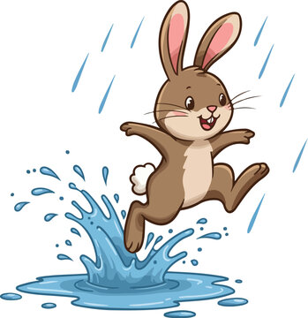 Cute Brown Bunny Rabbit Jumping In Rain Puddles Splashing Water