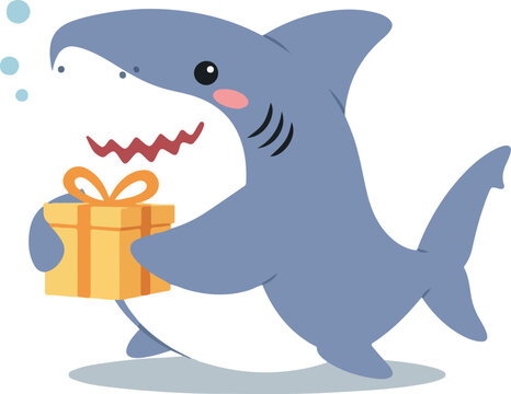 Cute Blue Shark Holding Yellow Gift Box Flat Illustration