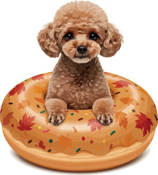 Cute Brown Poodle Dog Sitting On Autumn Donut Isolated Object