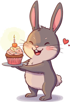 Cute Bunny Holding Birthday Cupcake Candle Pink Yellow Soft Light Isolated